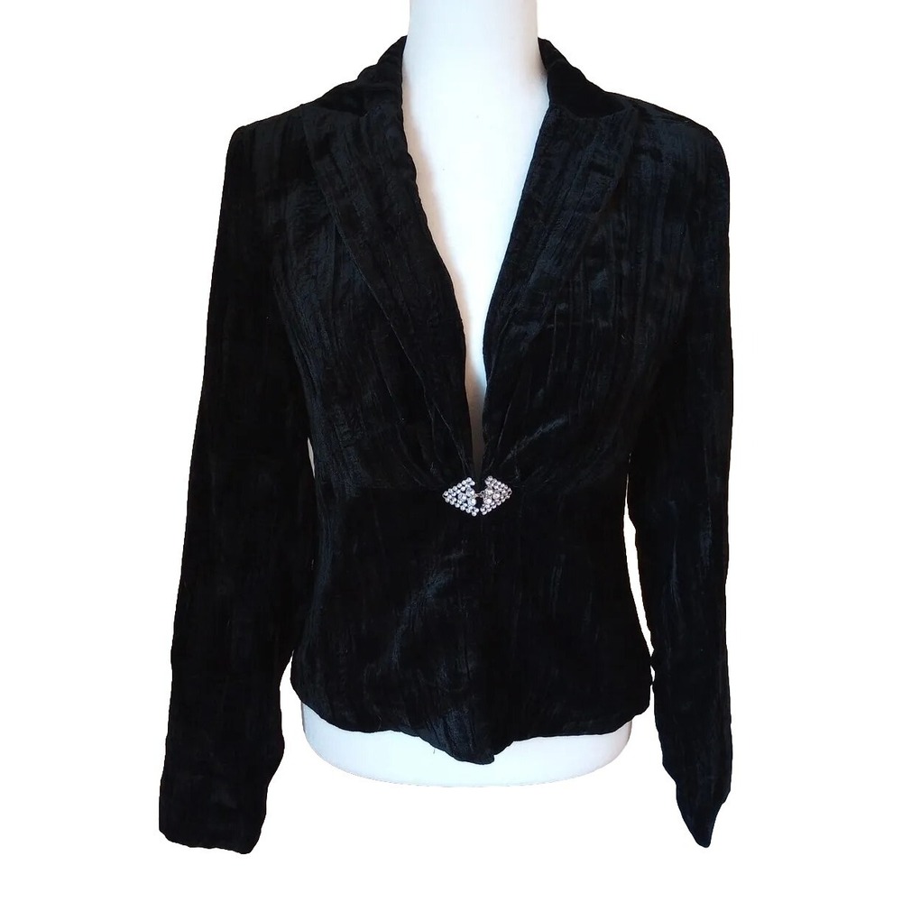 VTG Bob Mackie Studio Ladies Crushed Velvet Blazer Rhinestone Clasp 6 BLK EUC